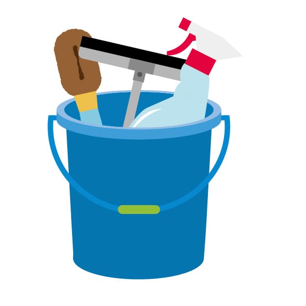 掃除道具がバケツの中に整理整頓されている様子