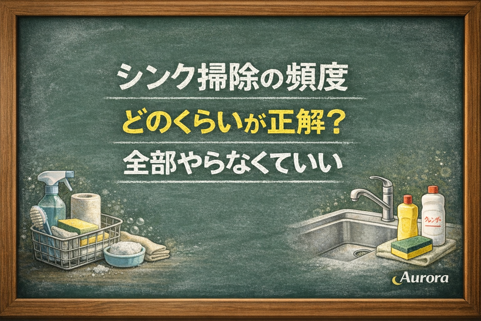 シンク掃除の頻度はどのくらいかと全部やらなくていい考え方を伝える黒板アイキャッチ画像の様子