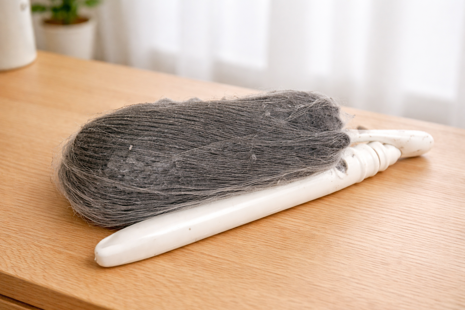 100均の排水口ネットをかぶせたハンディモップを、リビングの木製テーブルに置いた様子。モップ部分にはホコリが付着している。