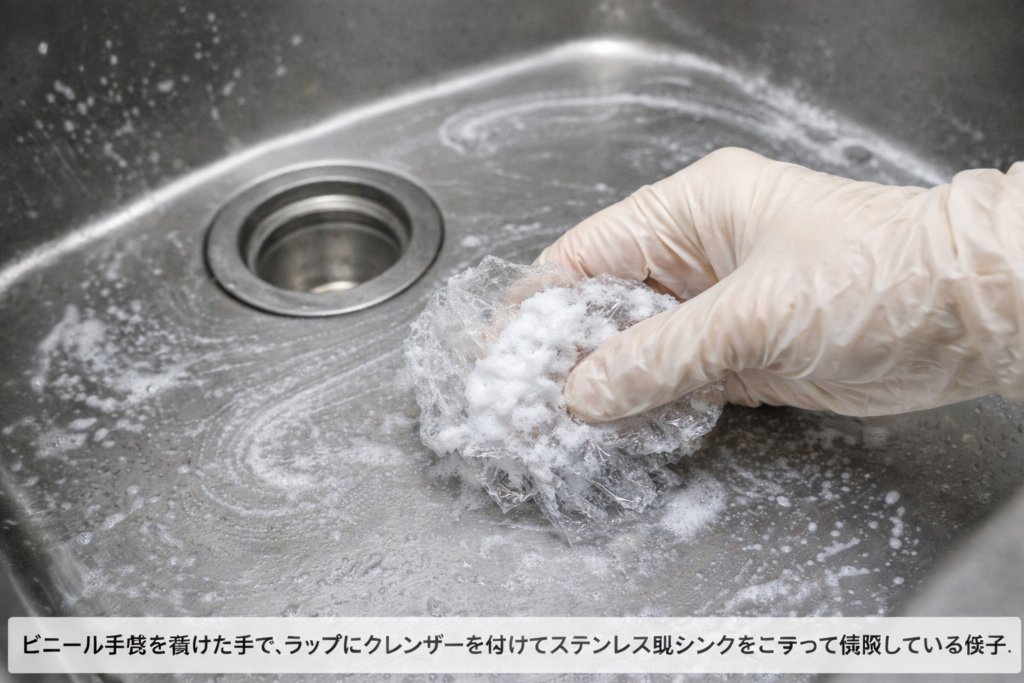 ビニール手袋を着けた手で、ラップにクレンザーを付けてステンレス製シンクをこすって掃除している様子。泡状の洗剤が広がっている。