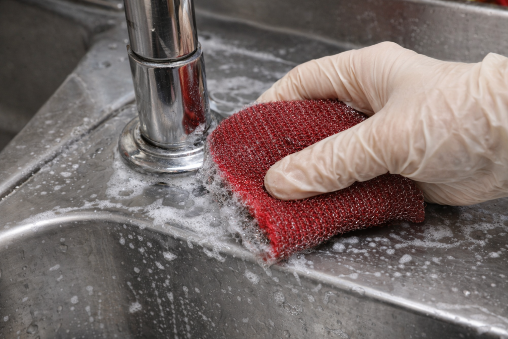 ビニール手袋を着けた手で赤い金属メッシュスポンジを使い、ステンレス製シンクの蛇口まわりをこすって掃除している様子。洗剤の泡が広がっている。
