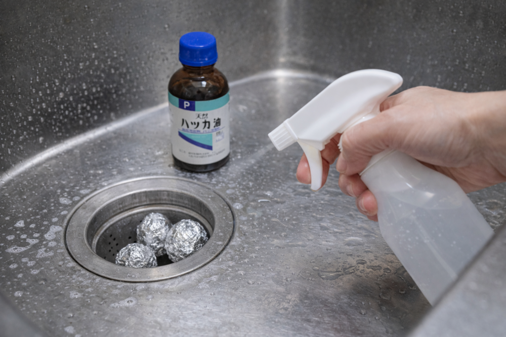 清掃後のステンレス製シンクの排水口ゴミ受けに、丸めたアルミホイルを入れた状態。手元でハッカ油を混ぜたスプレーを吹きかけて仕上げている様子。
