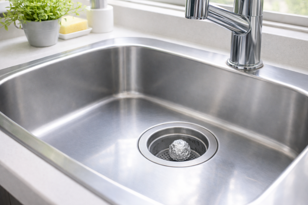 自然光が入るキッチンのステンレス製シンク。清掃後の排水口ゴミ受けに、丸めたアルミホイルを1個入れている状態。