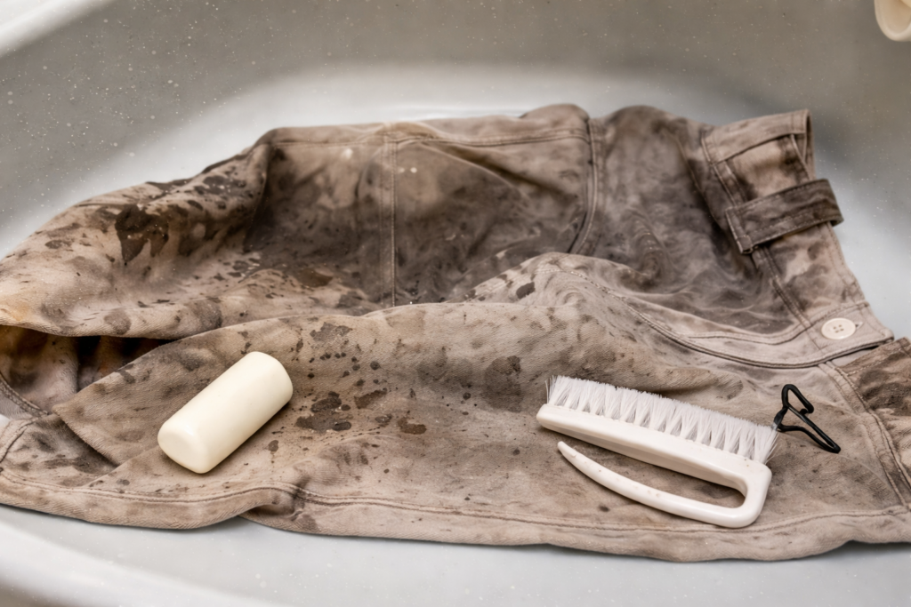 泥や黒ずみで汚れた野球のユニフォームズボンを洗面台に広げ、固形石けんとブラシを置いた状態。手洗い前の下準備の様子。