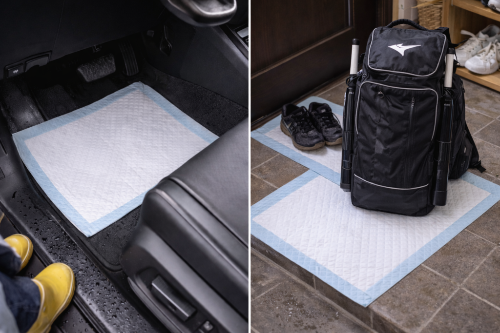 車の足元マットと玄関の床にペットシーツを敷いた使用例。雨で濡れた靴やバッグを置いても床が汚れにくい状態を示している。