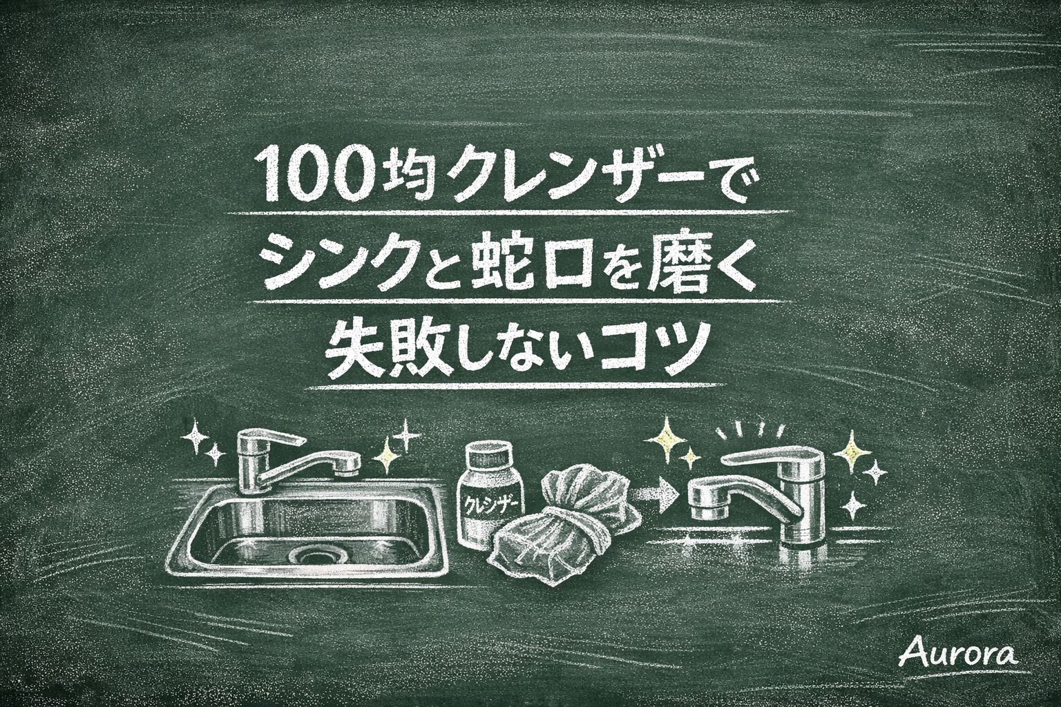 黒板風の背景に、100均クレンザーでシンクと蛇口を磨くコツを紹介し、シンクや蛇口のイラストが描かれたチョーク調アイキャッチ画像