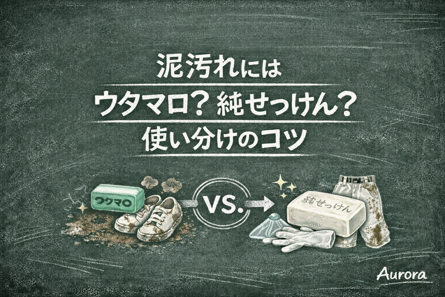 黒板風デザインのアイキャッチ。中央に「泥汚れには ウタマロ？純せっけん？ 使い分けのコツ」の文字。下部にウタマロ石けんと泥のついた靴、純石けんと野球ユニフォームのズボンのチョーク風イラストが描かれ、使い分けを示している。