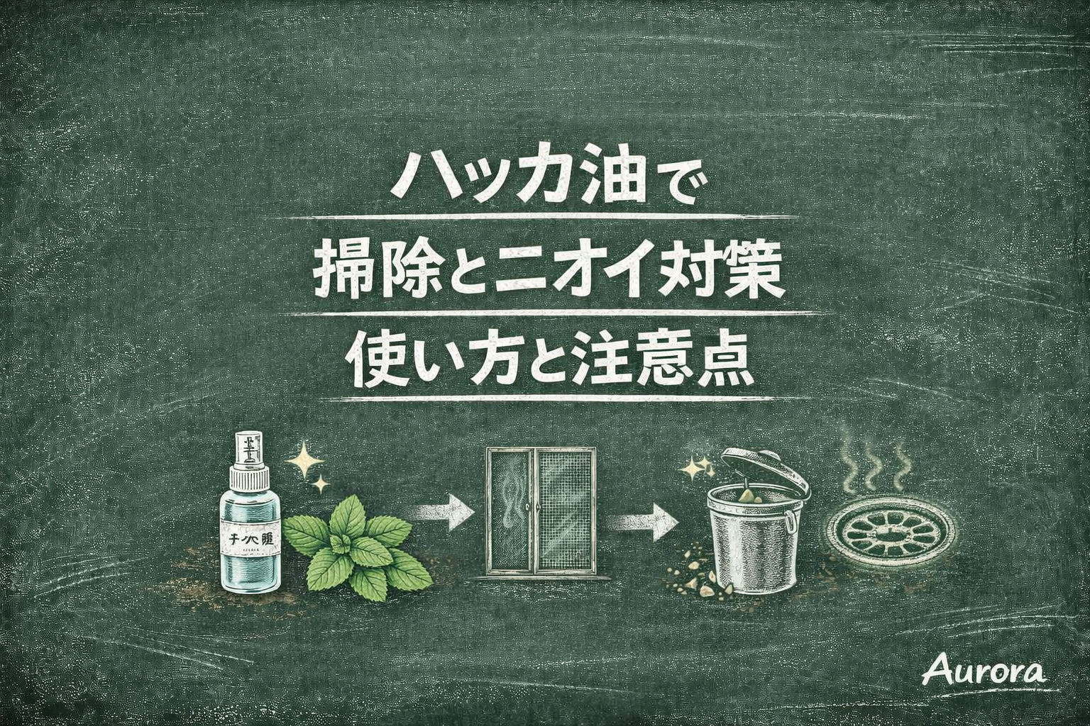 黒板風の背景に、ハッカ油を掃除やニオイ対策に使う方法と注意点を紹介し、スプレーボトル、ハッカの葉、網戸、ゴミ箱のイラストが描かれたAurora用アイキャッチ画像