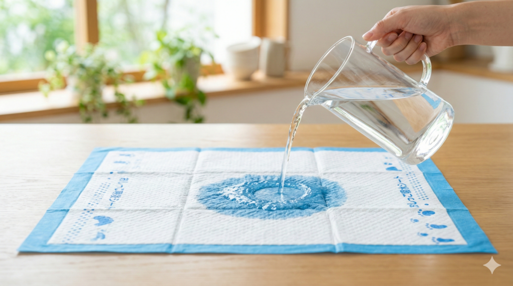 ペット用シーツの吸水性を確かめるためにピッチャーで水を注いでいる様子