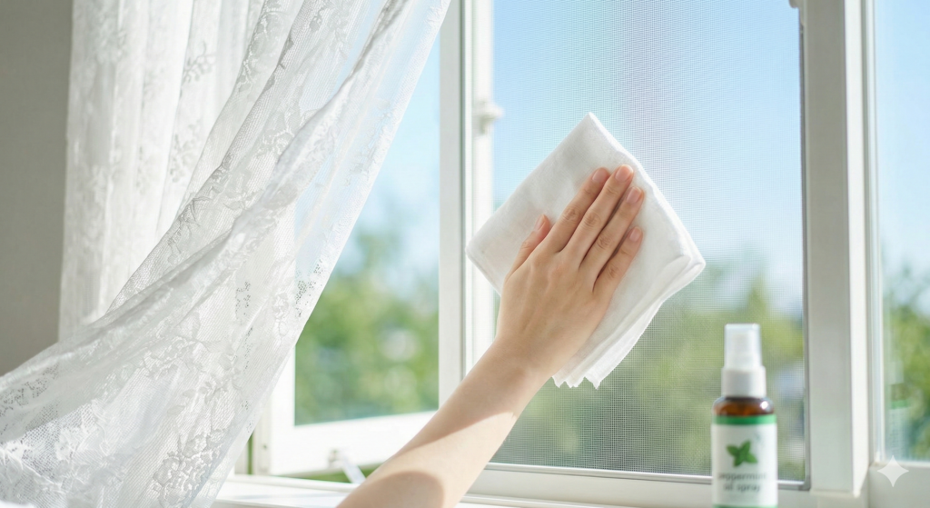 ハッカ油スプレーを吹きかけたクロスで網戸を掃除し、虫対策と消臭を行う様子の画像