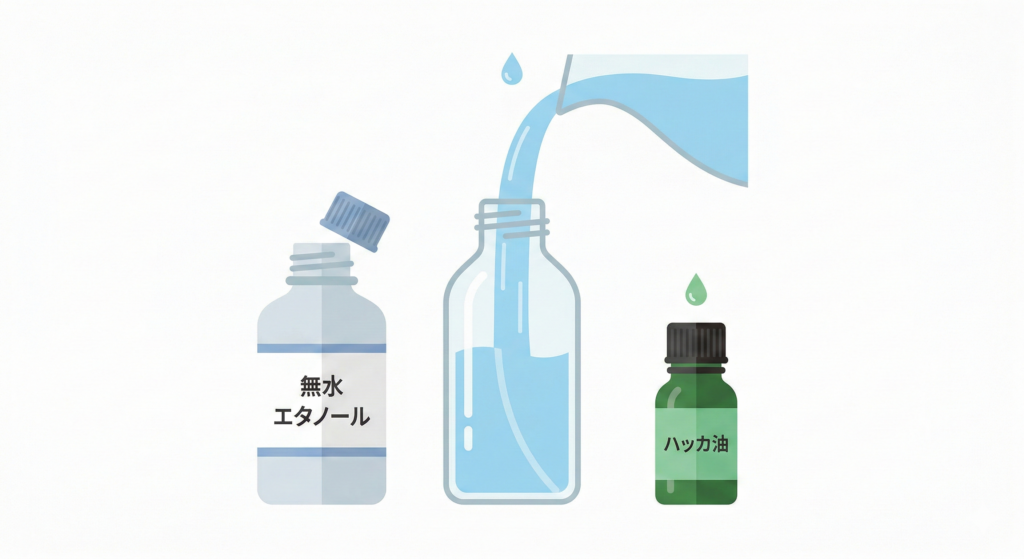 ハッカ油スプレーの黄金比（ハッカ油・エタノール・水）の配合と作り方のイメージイラスト