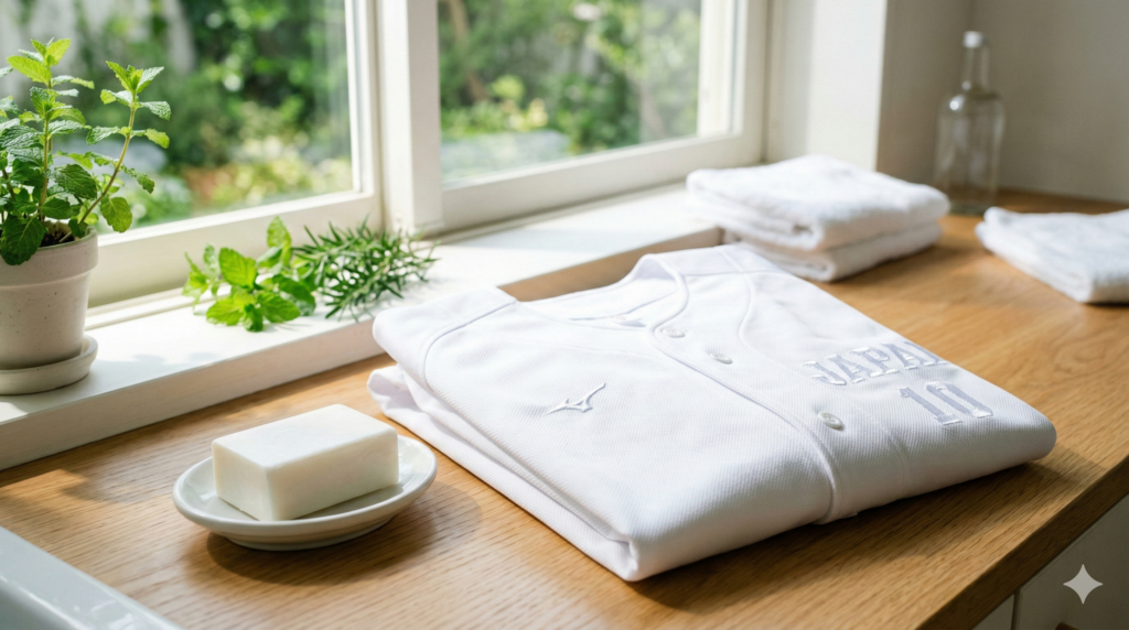 真っ白なユニフォームと純せっけんが並べて置かれている様子