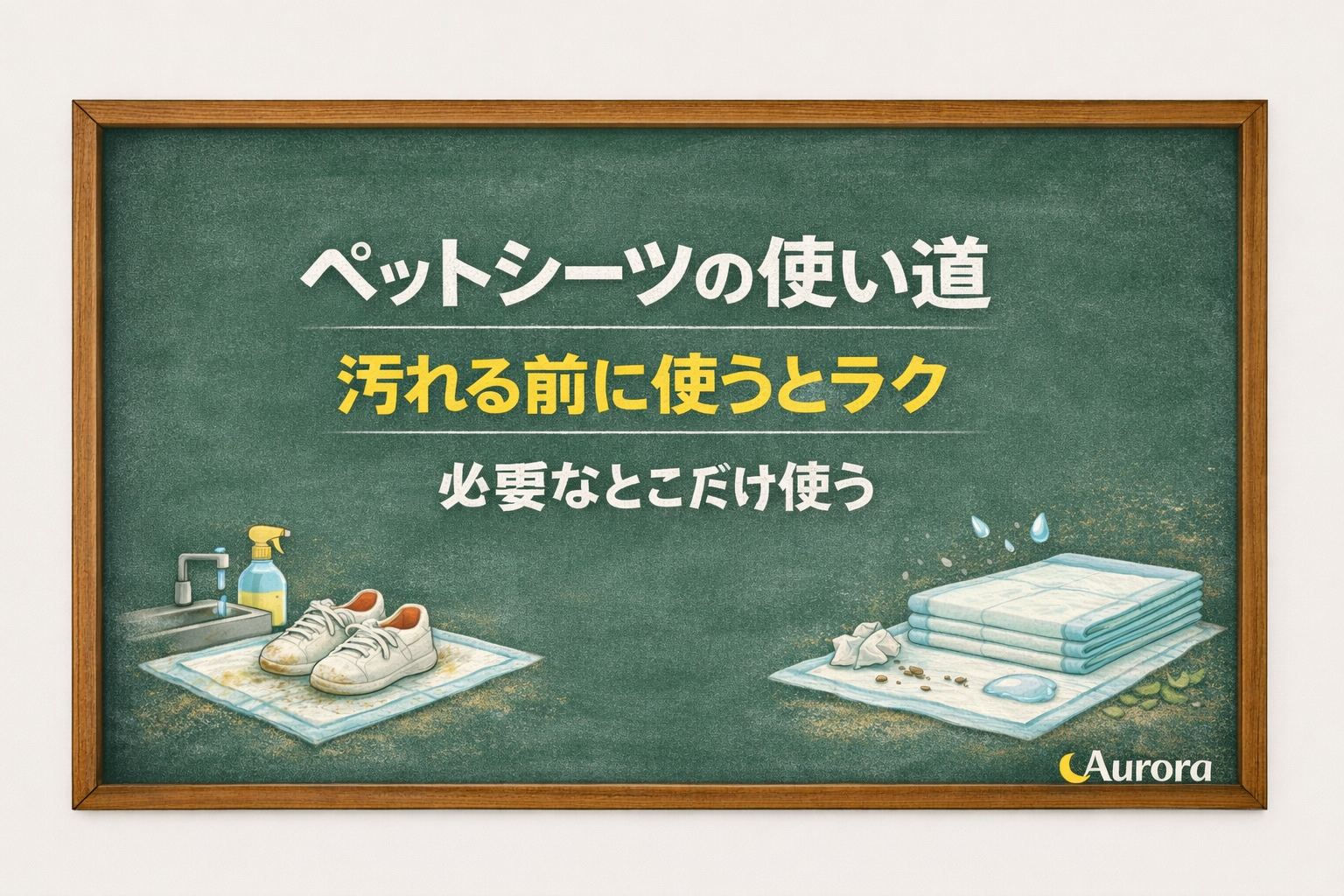 ペットシーツの使い道と汚れる前に使う方法を伝える黒板アイキャッチ画像の様子