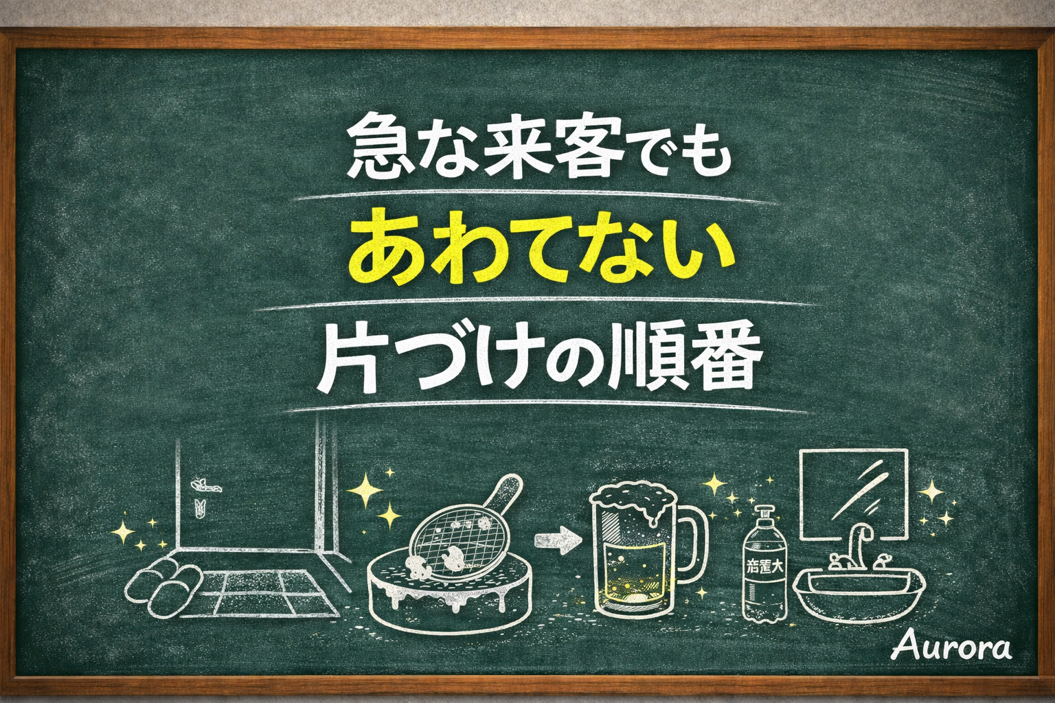急な来客でも慌てない片づけの順番を紹介する黒板風アイキャッチ。玄関・掃除・飲み物・鏡や洗面台など来客前の準備をチョークイラストで表現している。
