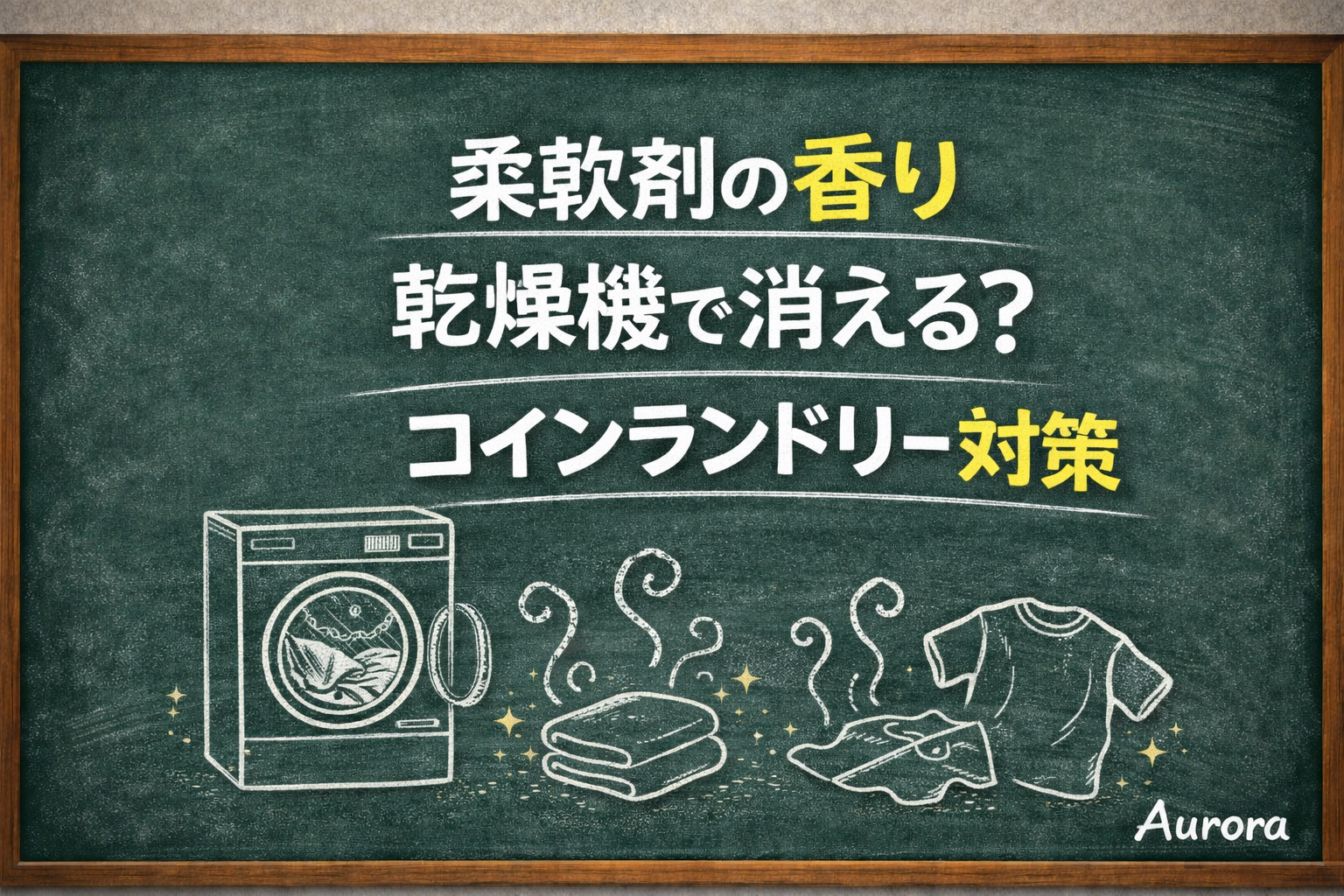 コインランドリー乾燥で柔軟剤の香りが消える問題と生乾き臭対策を紹介する家事テーマのアイキャッチ。乾燥機と洗濯物のイラストでコインランドリー対策を表現。