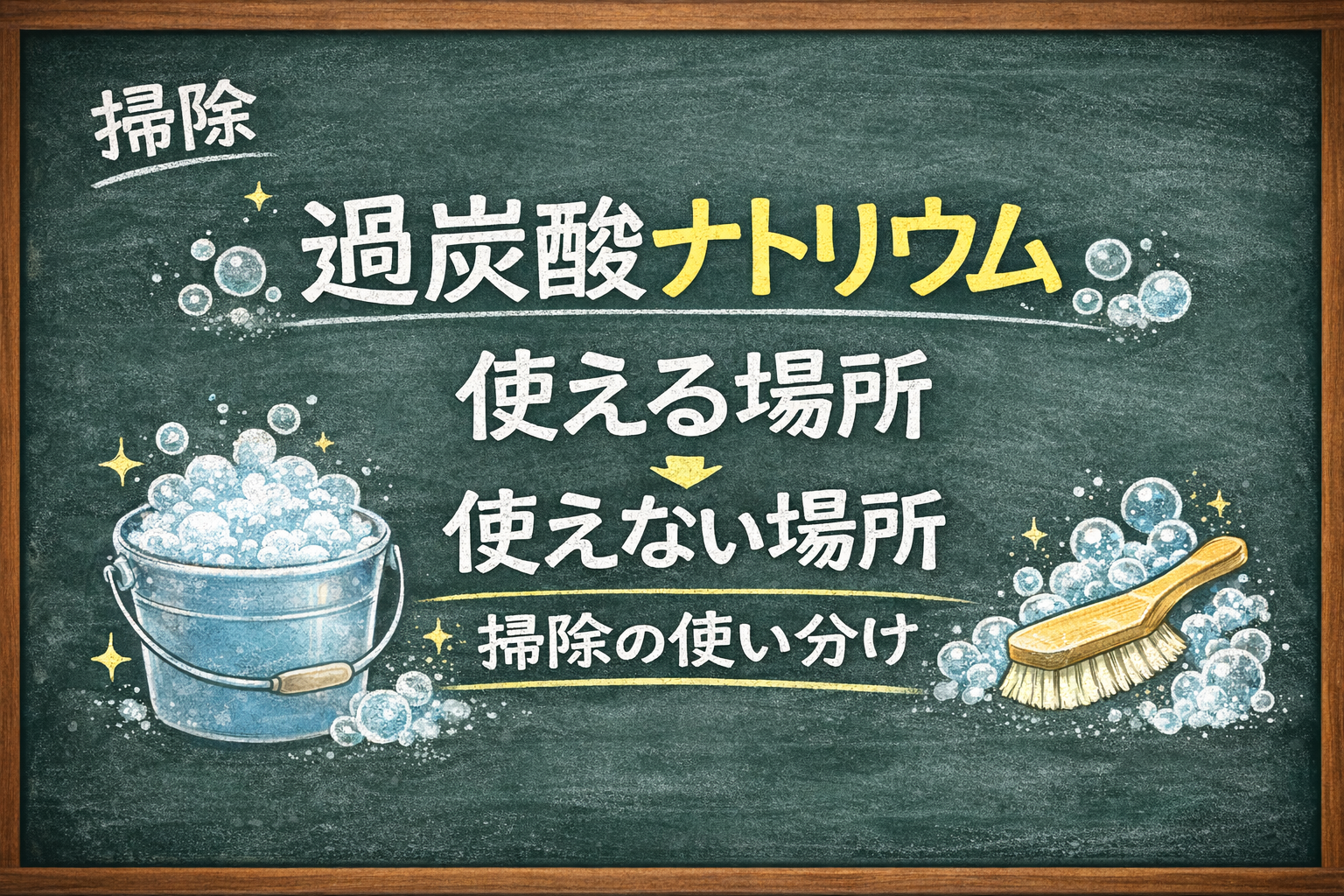 過炭酸ナトリウム掃除の使える場所と使えない場所を解説する黒板風アイキャッチ。泡のバケツとブラシのチョークイラストで掃除の使い分けを表現。