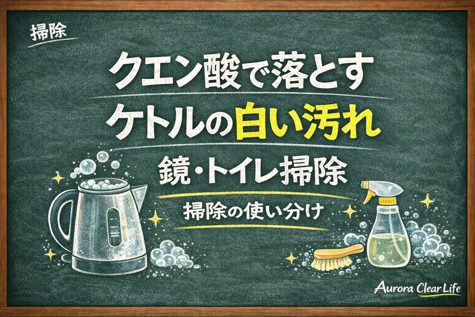 クエン酸でケトルの白い水垢汚れを落とす掃除方法を紹介する黒板風アイキャッチ。ケトルや掃除スプレーのチョークイラストでクエン酸掃除を表現したデザイン。