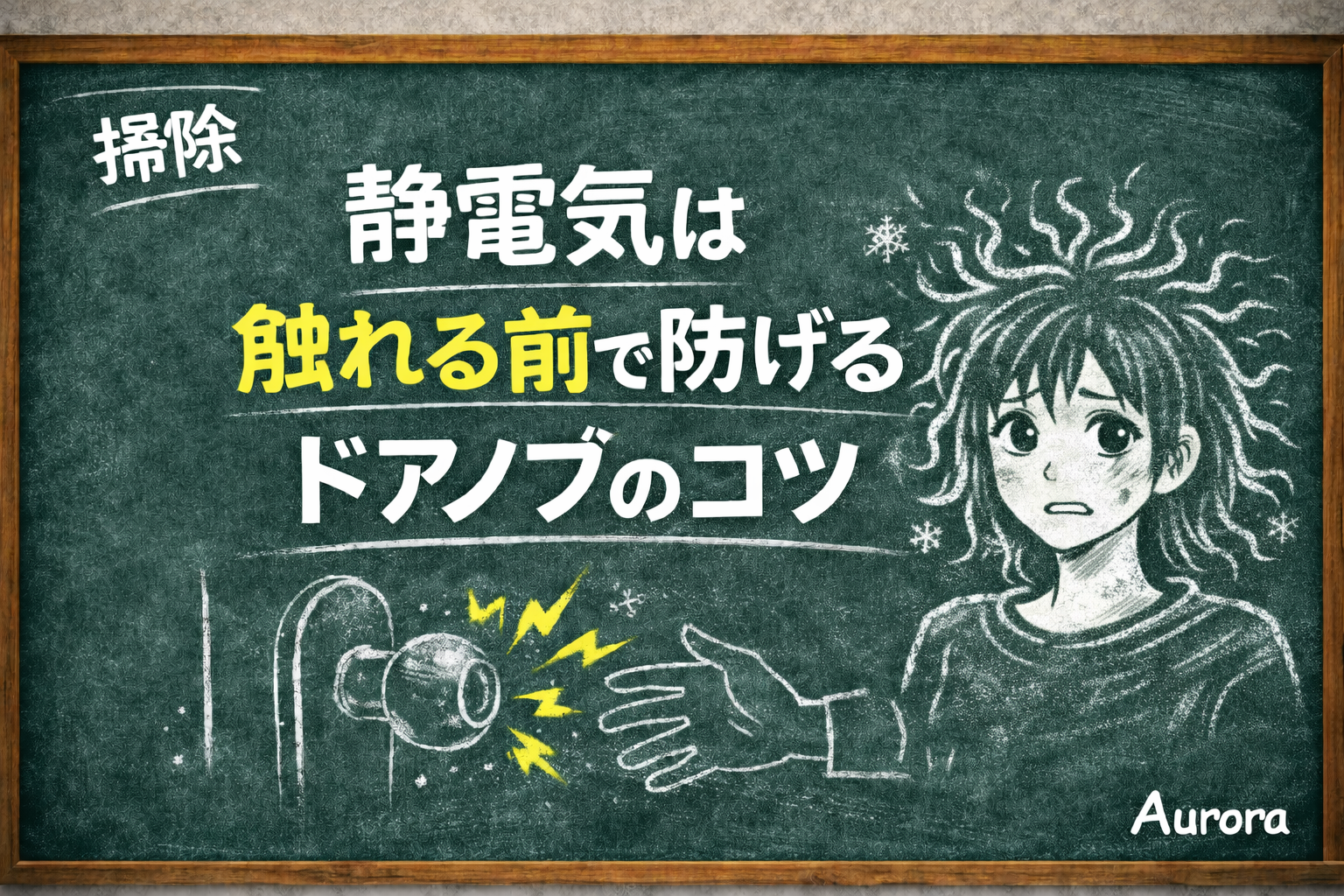 静電気対策を紹介する黒板風アイキャッチ。触れる前に放電してドアノブのバチッを防ぐコツを、チョークイラストのドアノブと逆立った髪の人物で表現したデザイン。