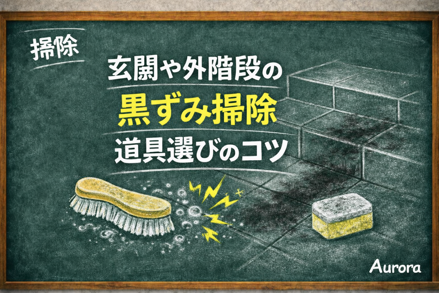 玄関や外階段の黒ずみ掃除と道具選びのコツを説明する黒板風アイキャッチ。ブラシやスポンジのチョークイラストと、黒ずんだ玄関タイルのイラストで屋外掃除の方法を表現したデザイン。