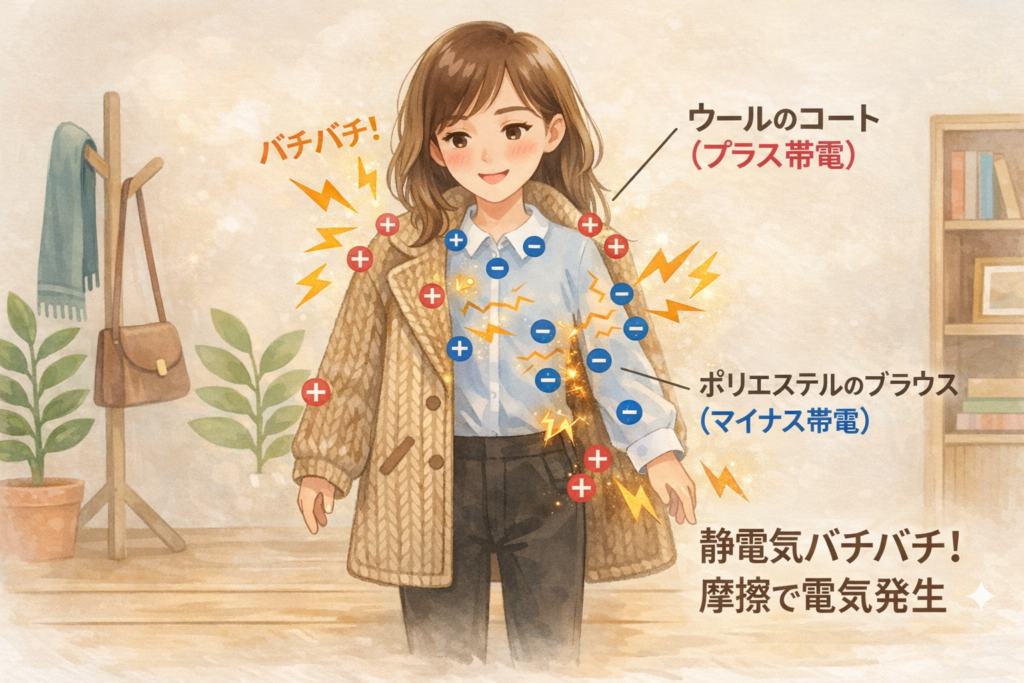 ウールのコートとポリエステルのブラウスを重ね着した女性のイラスト。衣類の摩擦によりプラスとマイナスの帯電が発生し、静電気が起きている様子を示している。