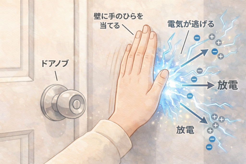 壁に手のひらを当てて静電気を逃がす方法を示したイラスト。ドアノブに触れる前に放電する様子と、プラス・マイナスの電荷の移動を図解している。