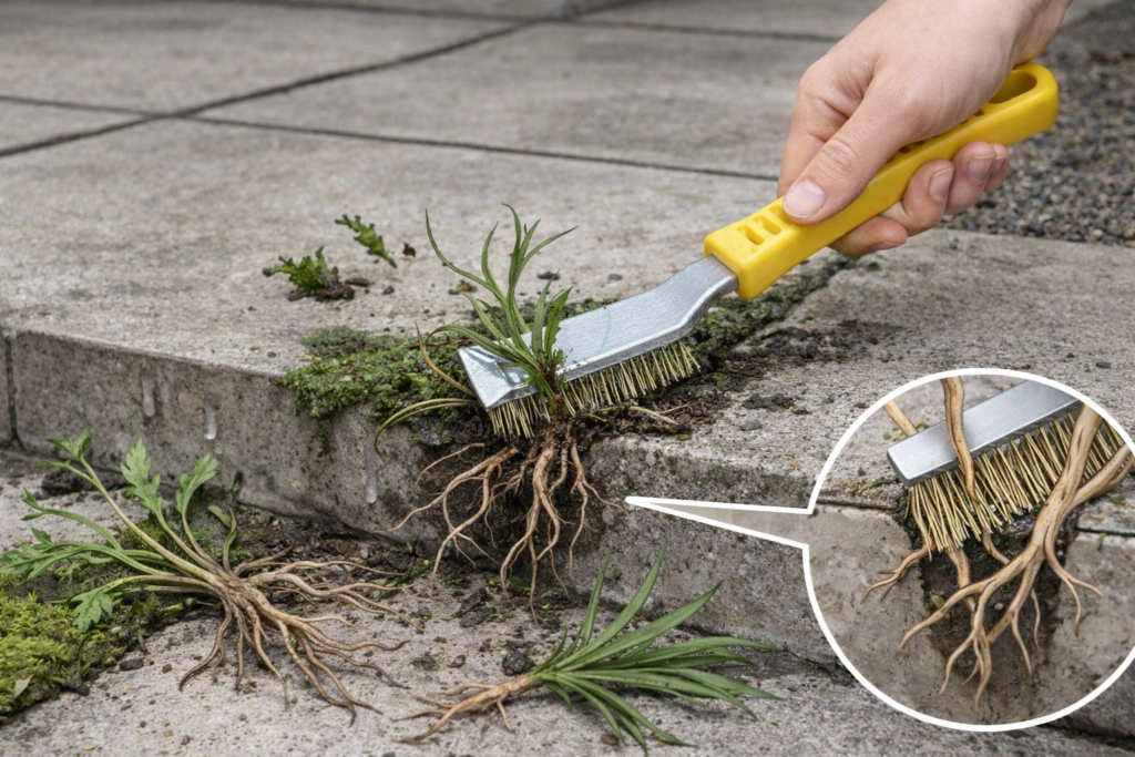 玄関タイルの上に置いたウタマロクリーナーのスプレーボトルと、使い古したキッチンスポンジ。屋外タイルの黒ずみ掃除に使う道具を並べた写真。