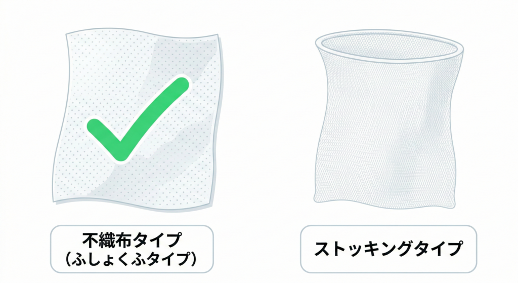 代替テキスト：不織布タイプとストッキングタイプの排水口ネットの素材感の比較