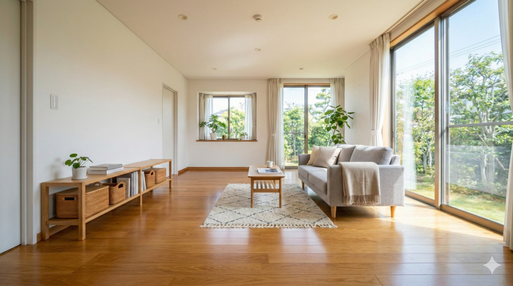 動線と角を意識して掃除を終えた、スッキリと清潔なフローリングの様子