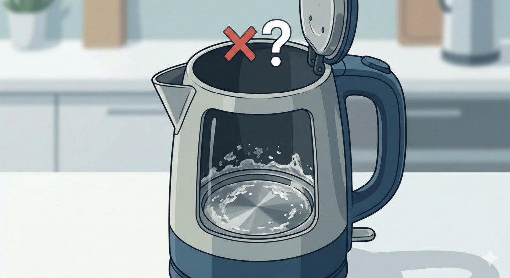 過炭酸ナトリウムでは落ちきらずに残った電気ケトル底の白い水垢汚れ