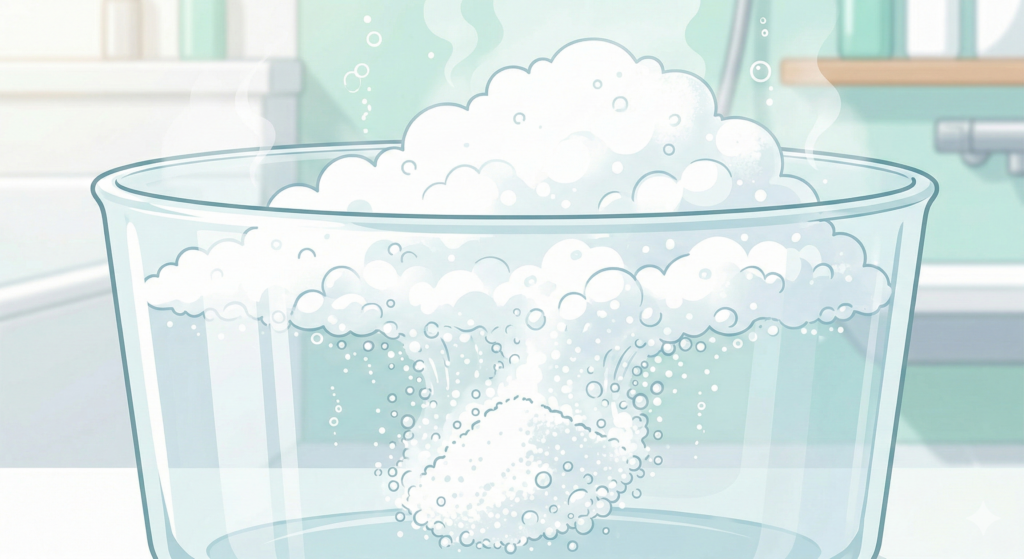 お湯に溶けて白く泡立つ過炭酸ナトリウムのクローズアップ