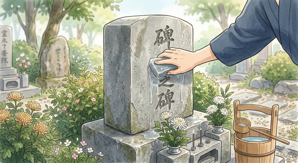 墓石を傷めないために研磨剤なしのスポンジで水洗いをしているお墓掃除のイメージ