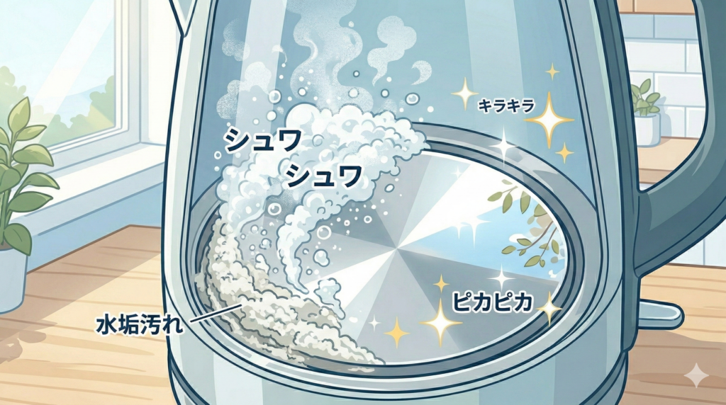 電気ケトルの底に溜まった白い水垢汚れをクエン酸で洗浄してピカピカにしたイラスト