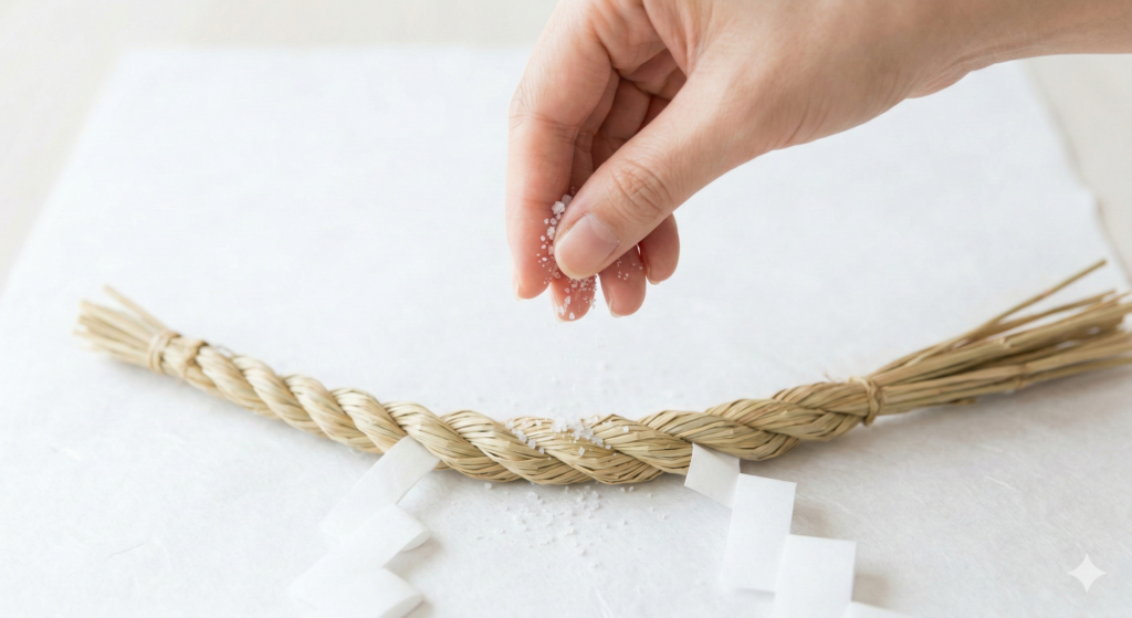 自宅でできる正月飾りの処分方法として粗塩で丁寧にお清めをする様子のイメージ