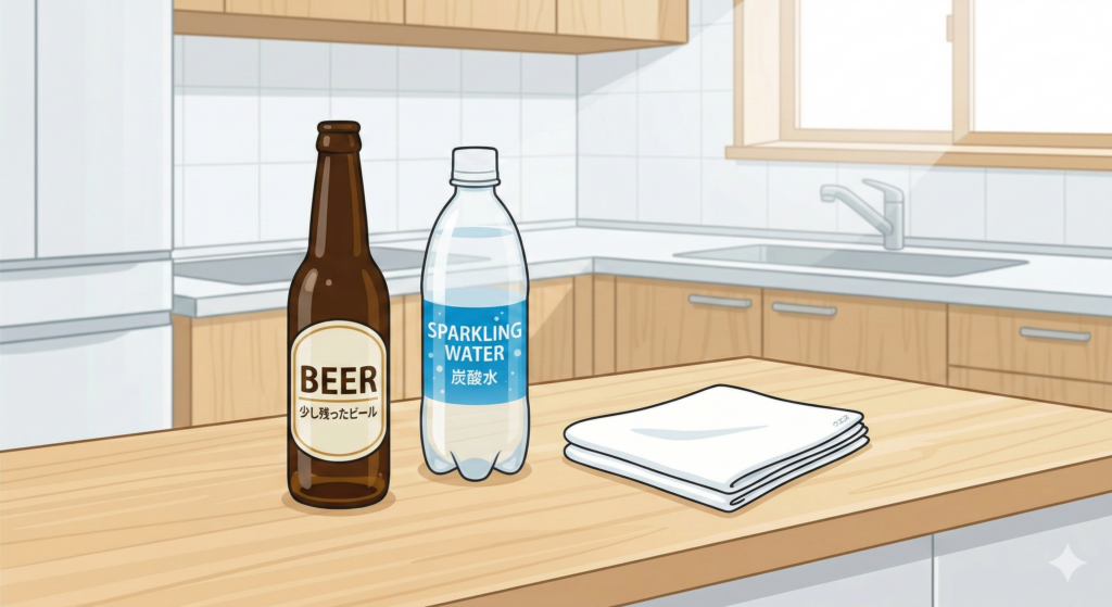 飲み残しのビールや気が抜けた炭酸水を再利用してキッチンや窓を掃除するイメージイラスト