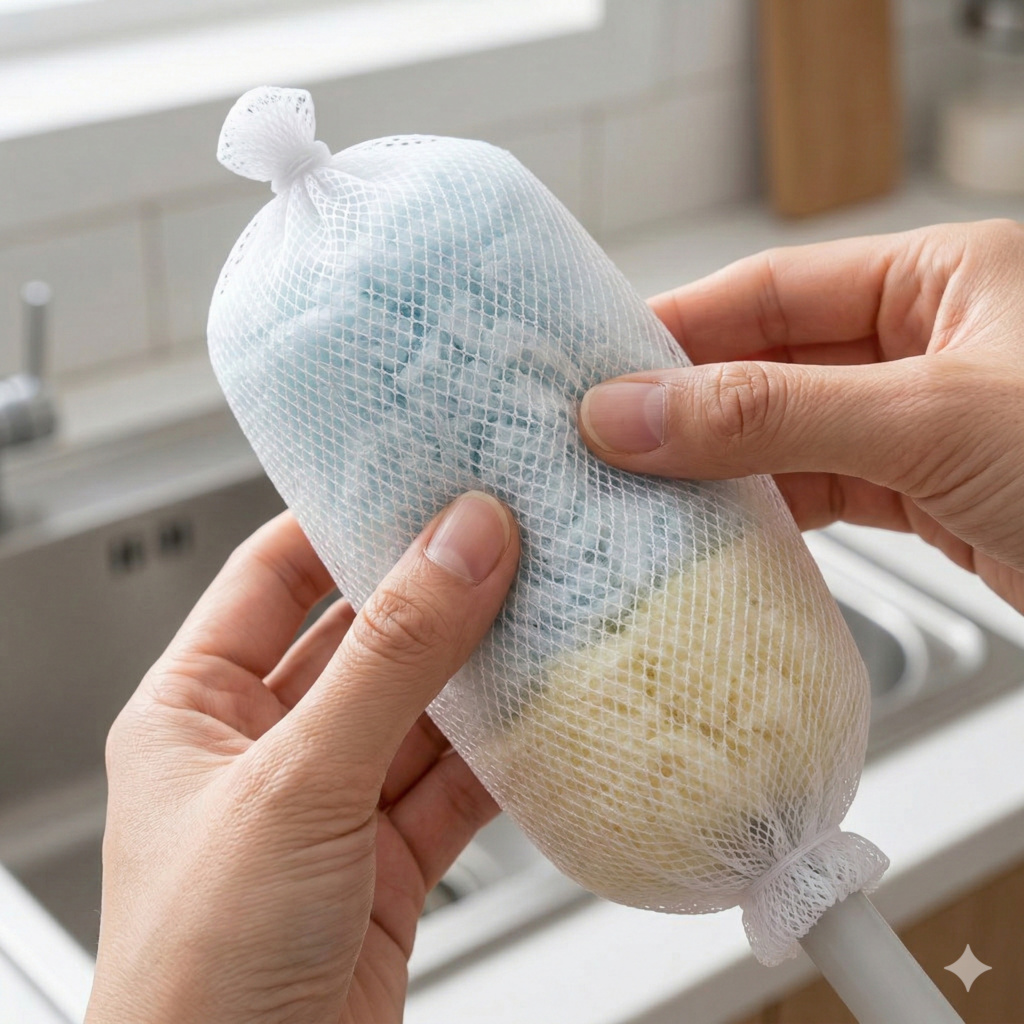 代替テキスト：ハンディモップに不織布タイプの排水口ネットを被せている様子