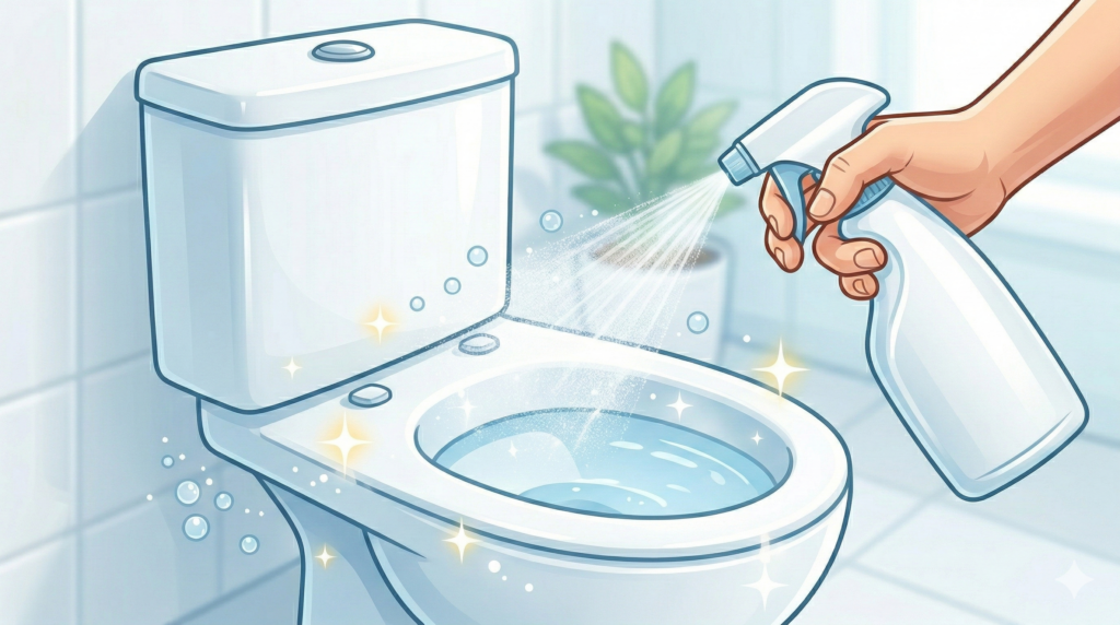 トイレの便器や床の根元にクエン酸スプレーを吹きかけてアンモニア臭を消臭するイラスト