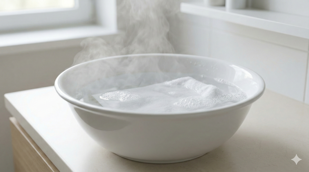 生乾き臭を防ぐために白い桶でお湯に浸けて予洗いをしているTシャツ