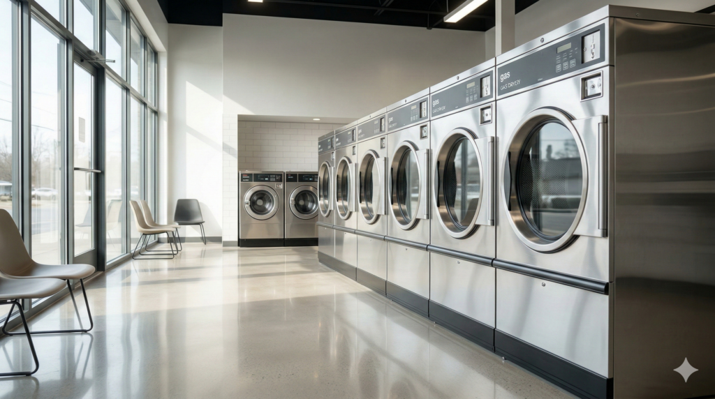 清潔感のある無人のコインランドリーに並ぶシルバーの大型ガス乾燥機
