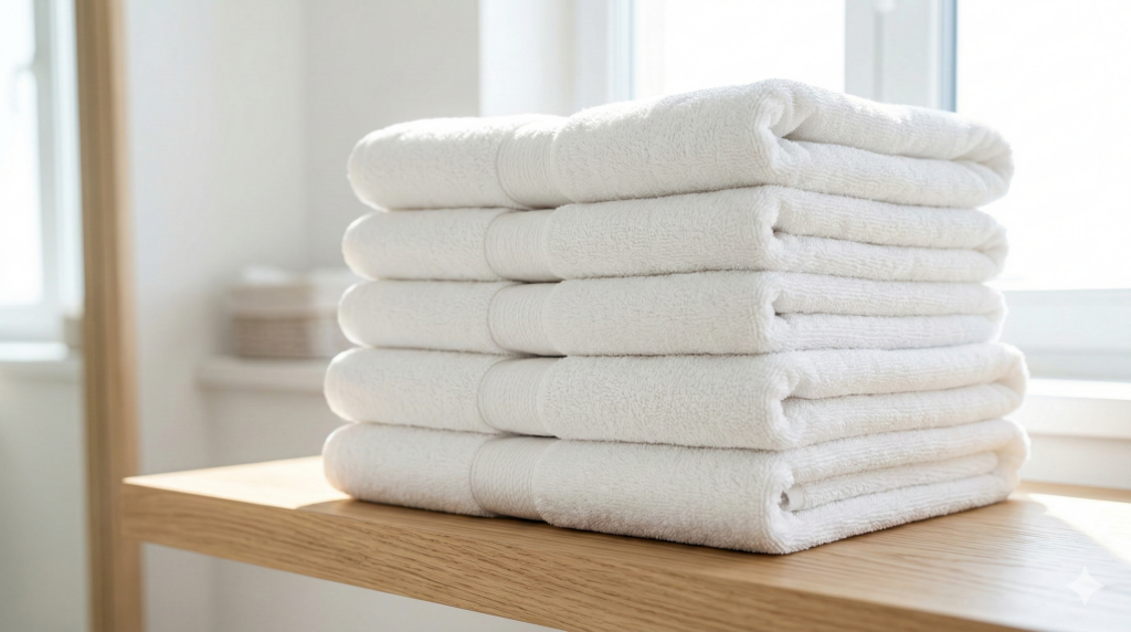 窓際の日差しの中で清潔に積み上げられた白いバスタオルの山