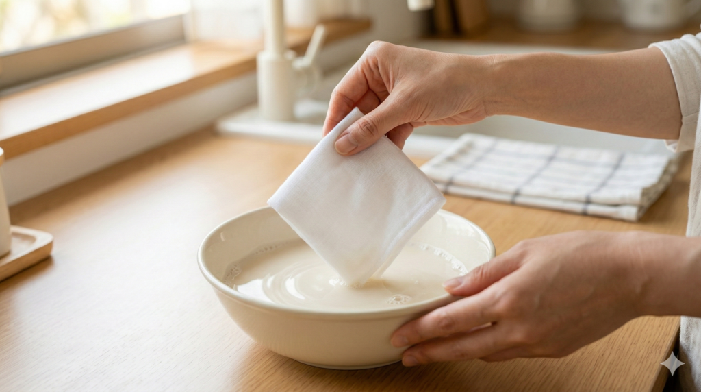 自作ドライヤーシートを作るためにコンディショナーを混ぜた水に白い布を浸している様子