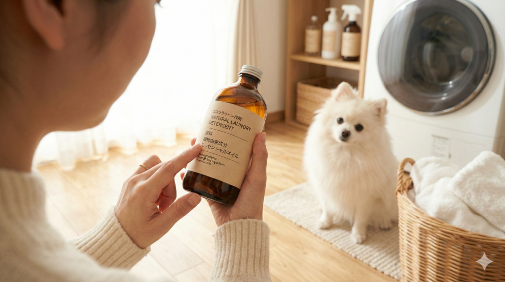 洗剤の成分表示を丁寧に確認する手元と、後ろでちょこんと座って見守る白いポメラニアン。