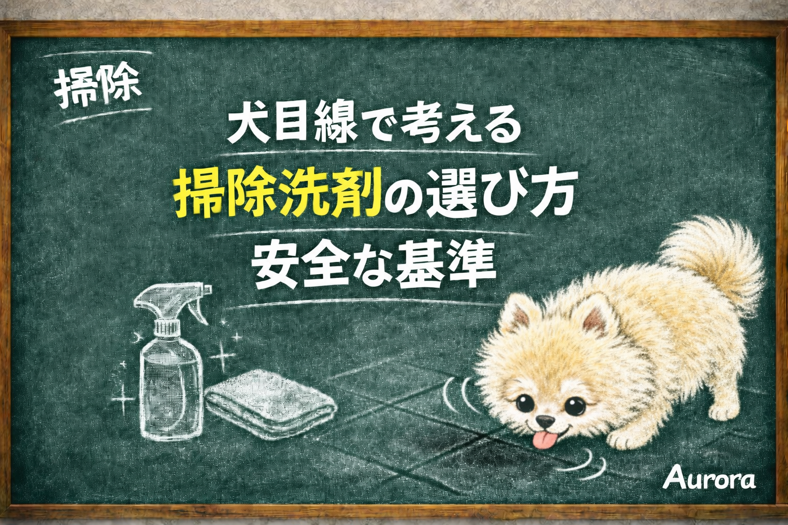 犬目線で掃除洗剤の選び方を考えることをテーマにした黒板風アイキャッチ。床をクンクンする犬と掃除スプレーやクロスのチョークイラストで、愛犬の安全を意識した掃除の考え方を表現したデザイン。