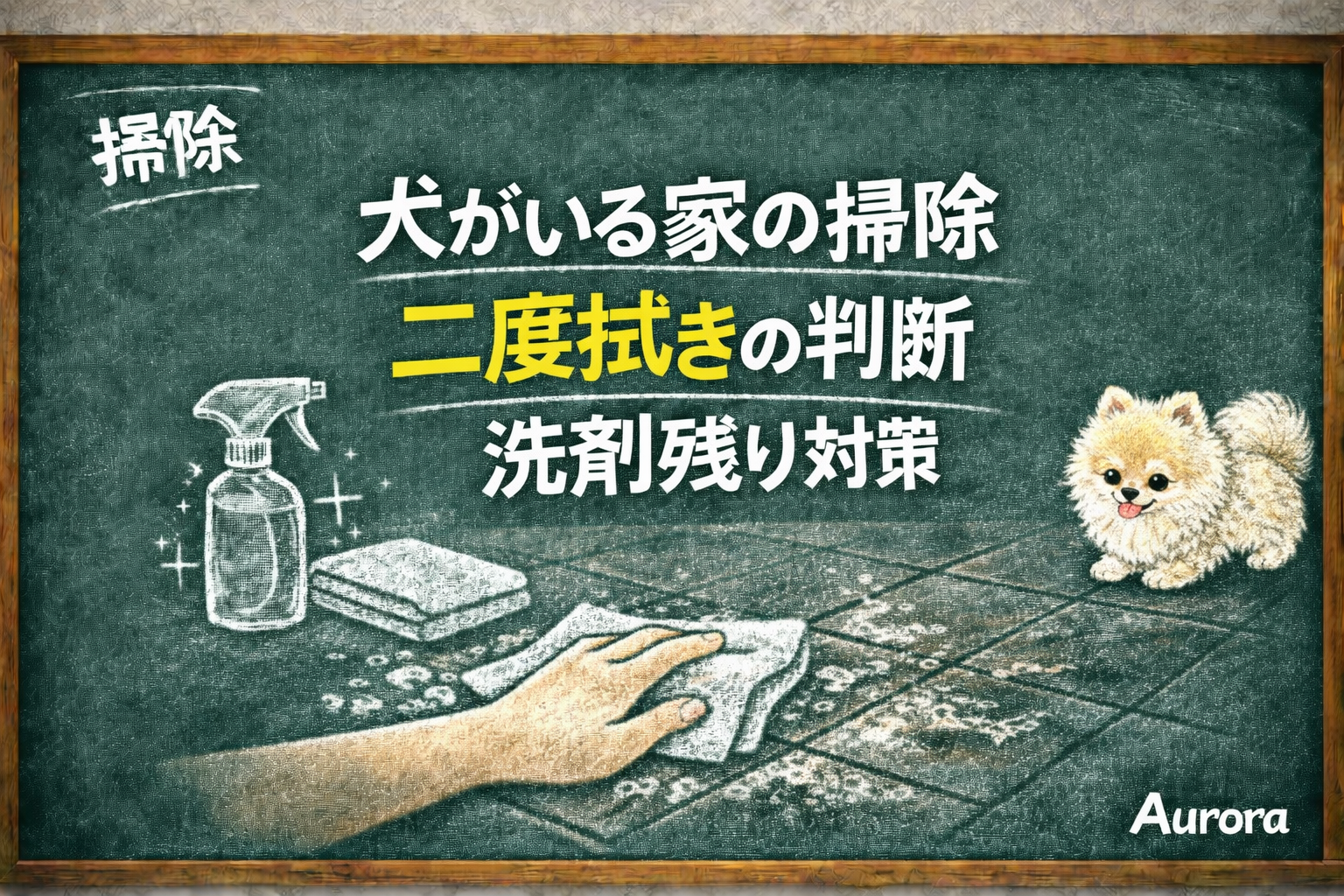犬がいる家の掃除をテーマにした黒板風アイキャッチ。床をクロスで拭く手と掃除スプレー、布のイラストが描かれ、右側にはポメラニアン。中央に「犬がいる家の掃除　二度拭きの判断　洗剤残り対策」とチョーク文字で書かれている。