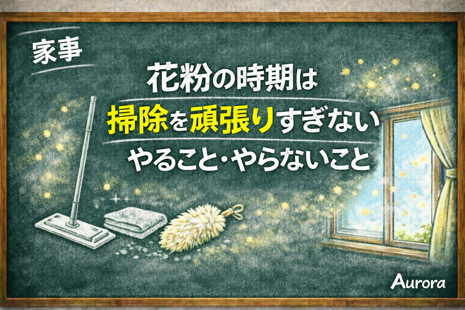 花粉が舞う室内をイメージした黒板風デザインに、モップやハンディモップ、窓のイラストとともに「花粉の時期は 掃除を頑張りすぎない やること・やらないこと」と書かれたAuroraの掃除記事用アイキャッチ画像