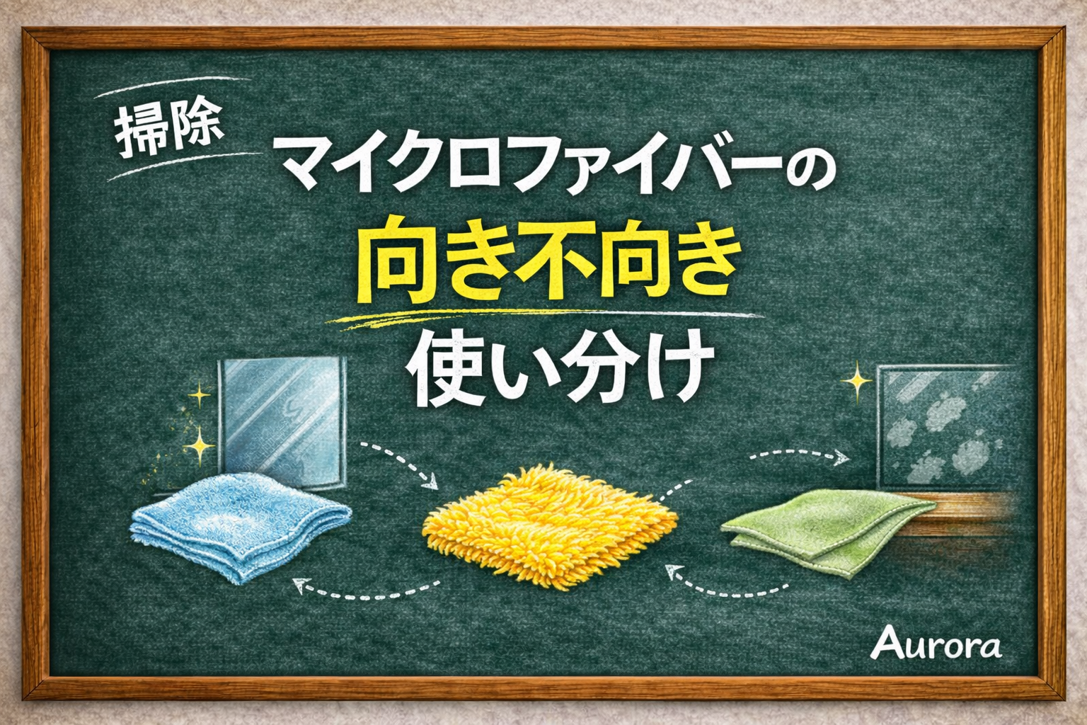 黒板風の背景に、毛足の違う3種類のマイクロファイバークロスと鏡・窓のイラストを配置し、「マイクロファイバーの 向き不向き 使い分け」と書かれたAuroraの掃除記事用アイキャッチ画像