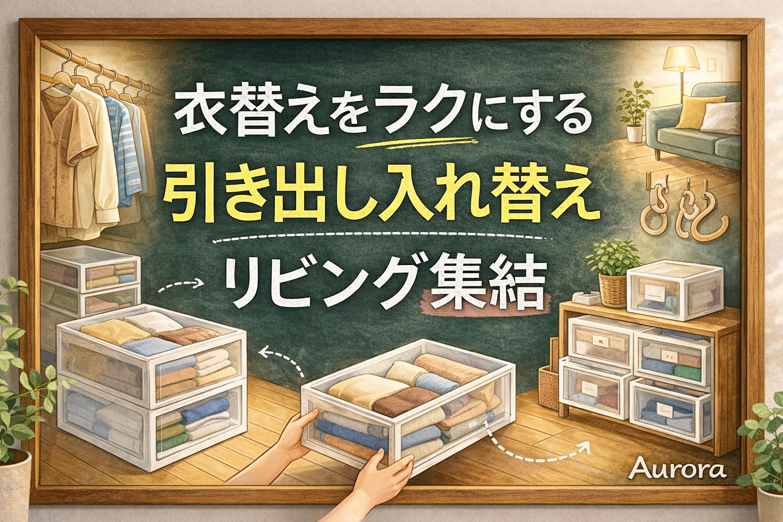 黒板の木枠デザインの中に、衣装ケースやハンガー、リビングのイラストをやわらかく配置し、「衣替えをラクにする 引き出し入れ替え リビング集結」と書かれたAuroraの家事記事用アイキャッチ画像