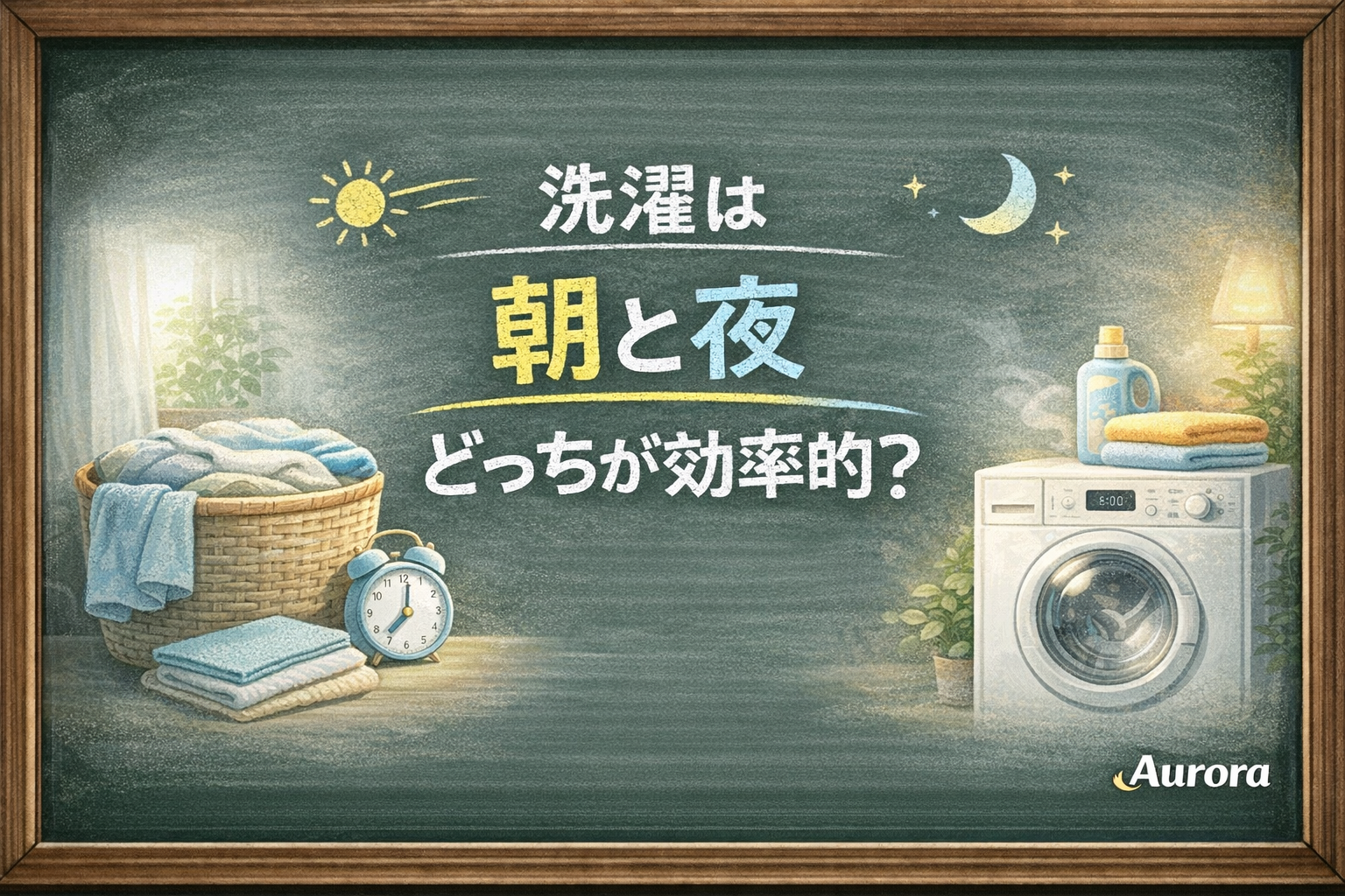 代替テキスト 黒板の木枠デザインの中に、洗濯物、室内干し、コインランドリーを連想できるやわらかいイラストを配置し、「洗濯は 朝と夜 どっちが効率的？」と書かれたAuroraの家事記事用アイキャッチ画像