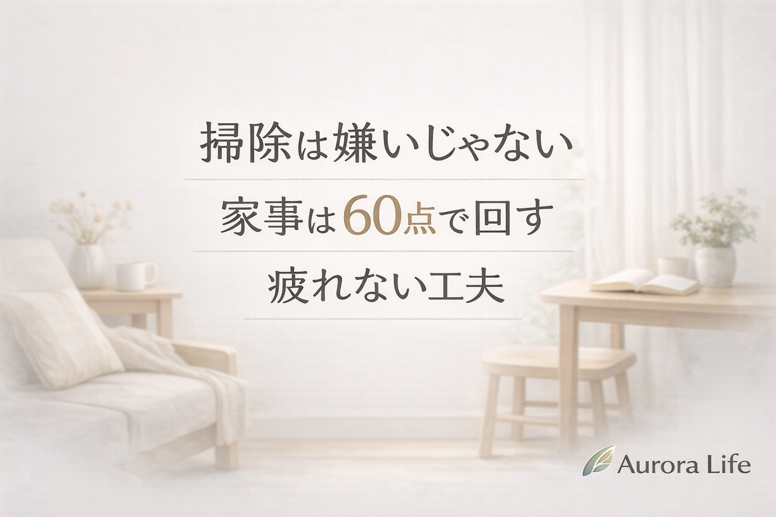 白を基調にしたやわらかい室内背景の中央に「掃除は嫌いじゃない 家事は60点で回す 疲れない工夫」と配置した、Aurora Lifeの家事記事用アイキャッチ画像