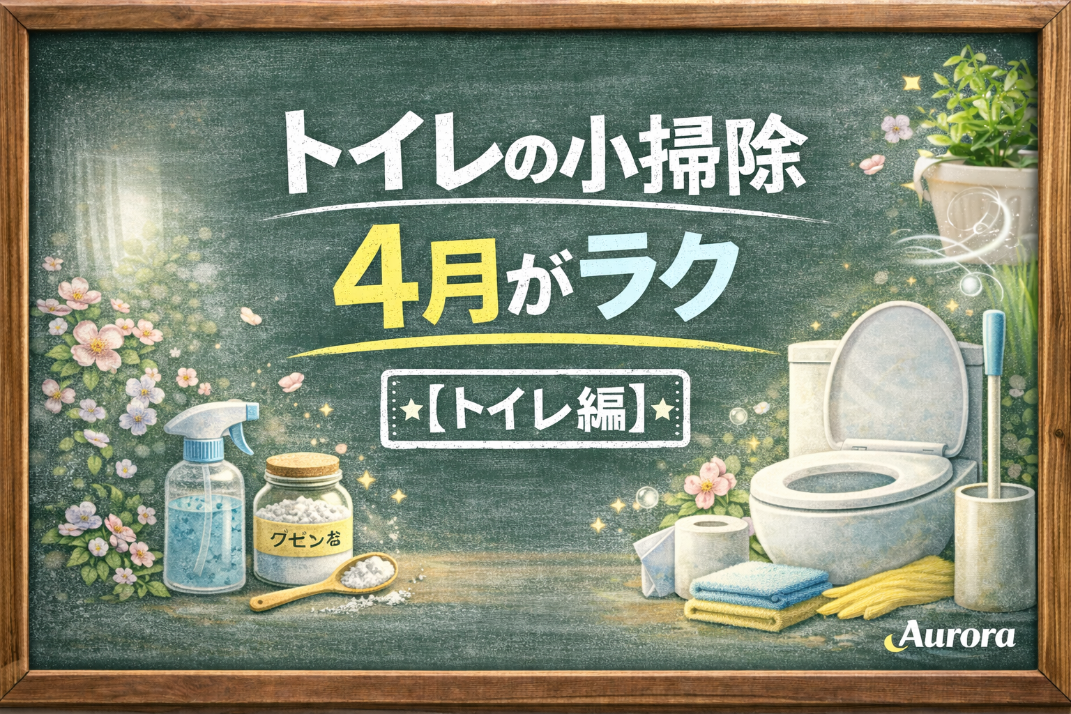 木枠付きの黒板を背景に、白と黄色、淡い水色の大きなチョーク文字で「トイレの小掃除」「4月がラク」「【トイレ編】」と中央配置したAurora用アイキャッチ。左下にクエン酸入りの瓶とスプレーボトル、右下にトイレ本体とブラシ、クロス、手袋を控えめに配置し、周囲に春らしい花ややわらかな光を添えて、トイレの小掃除を春にラクに進める雰囲気を表したデザイン。
