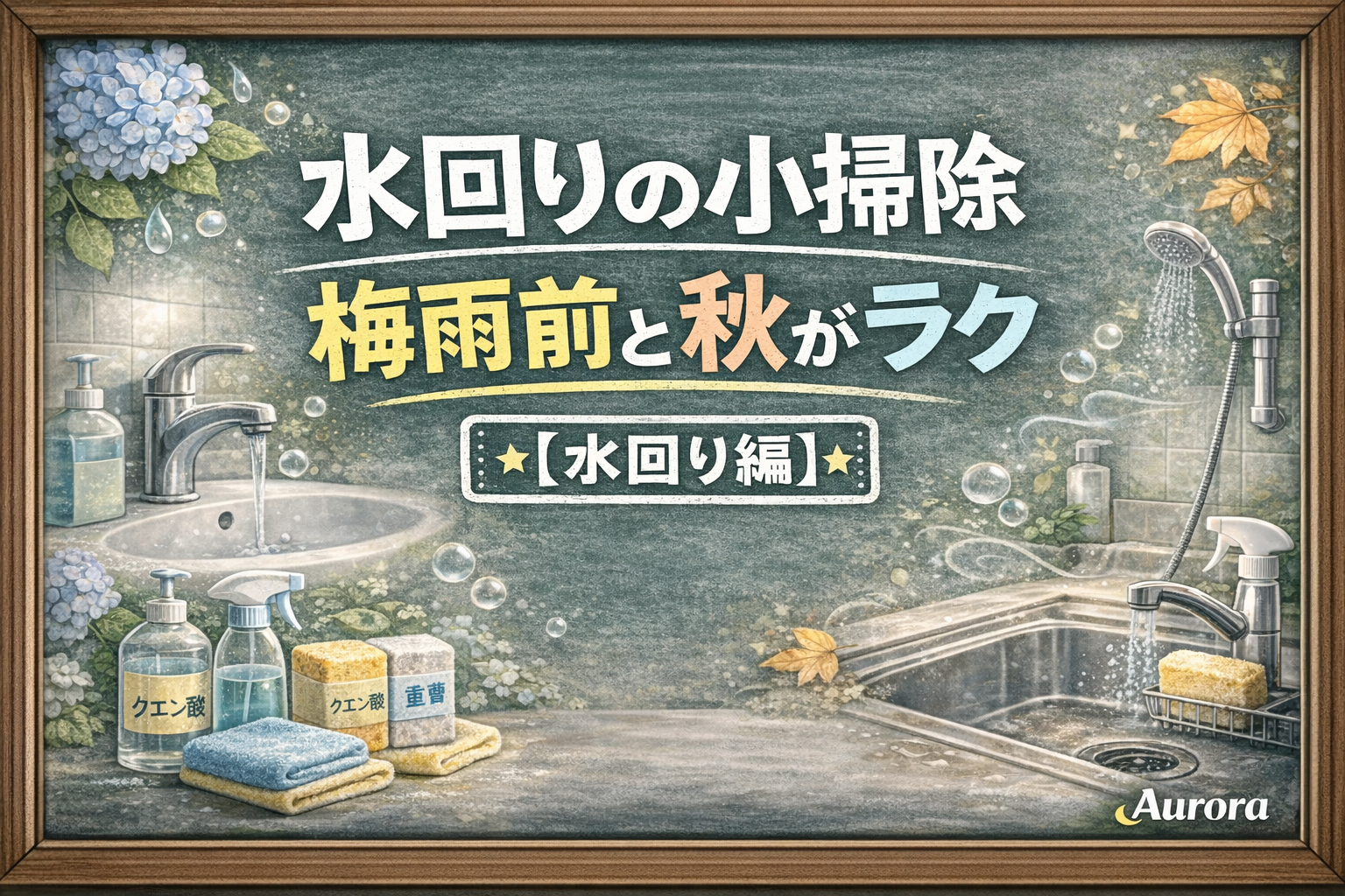 木枠付き黒板に「水回りの小掃除」「梅雨前と秋がラク」「【水回り編】」を大きく中央配置し、左右に洗面台やシンク、クエン酸・重曹の掃除用品を控えめに描いたAurora用アイキャッチ。
